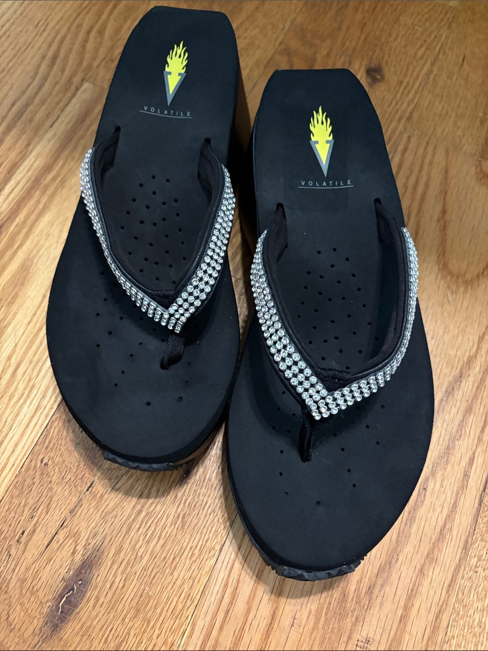 Volatile Black Wedge Flip Flops with Rhinestone Straps